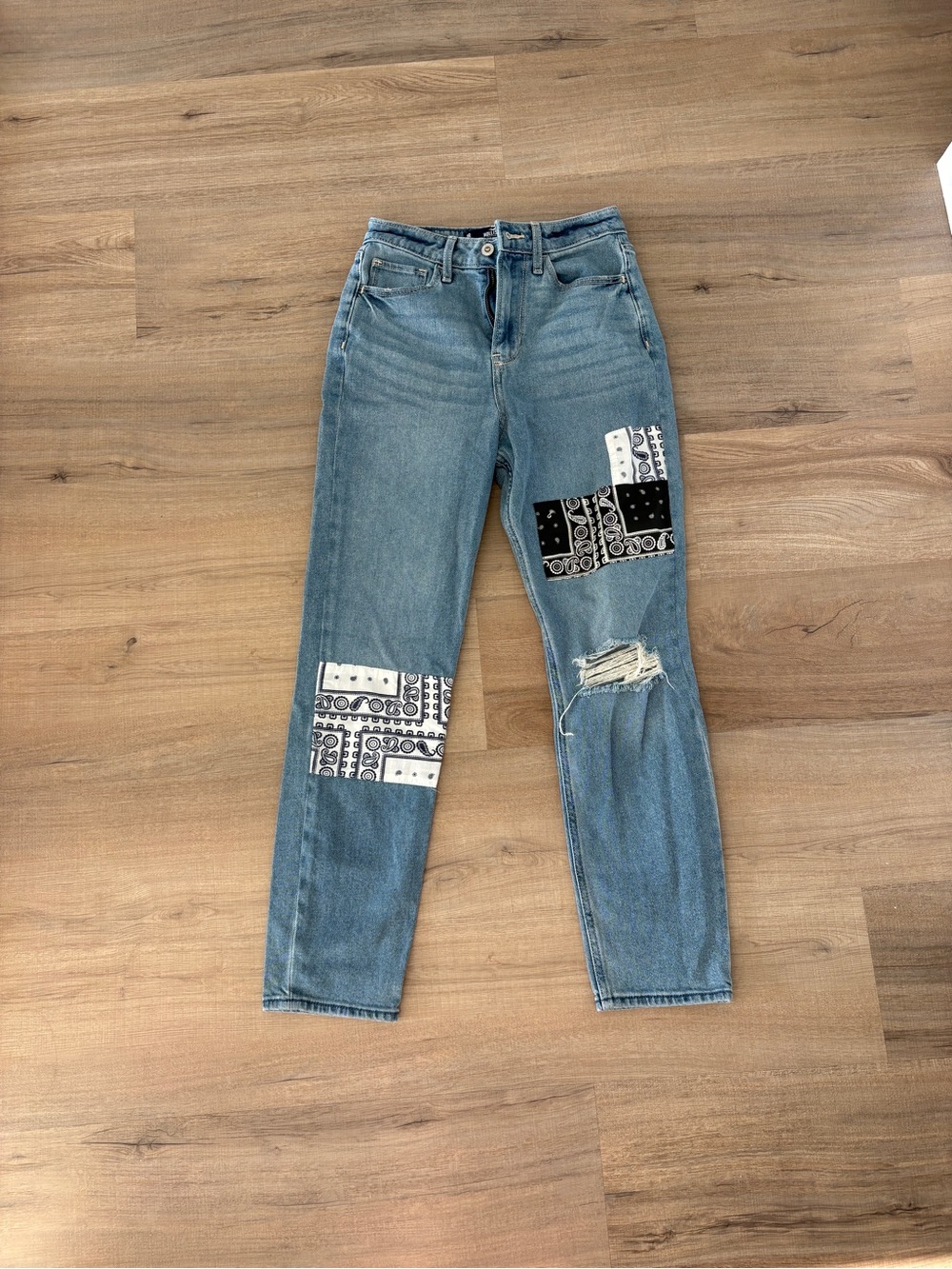 Hollister Blue Straight-Leg Jeans with Bandana Patchwork